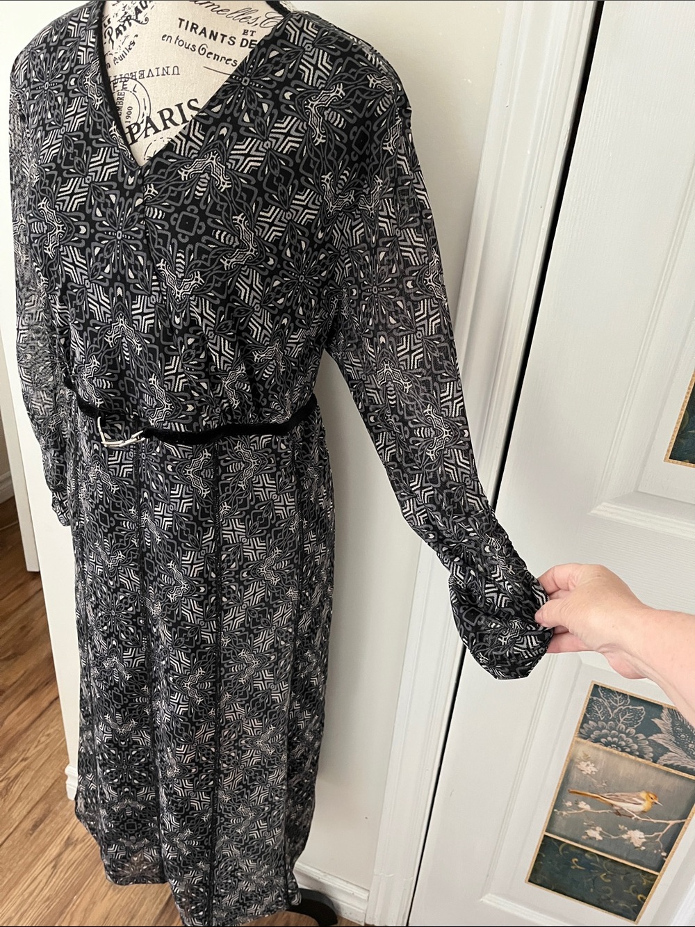🍎Women's Black Printed V-Neck Long Sleeve Dress with Belt - Picture 5 of 8